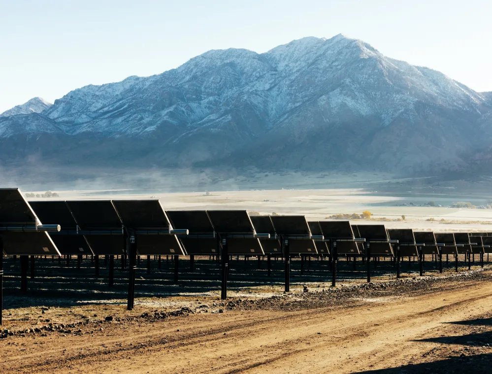 Rows of solar panels on a dirt field with snow-capped mountains in the background under a clear sky.