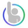 Gray abstract figure with one arm raised inside a circular gradient border.