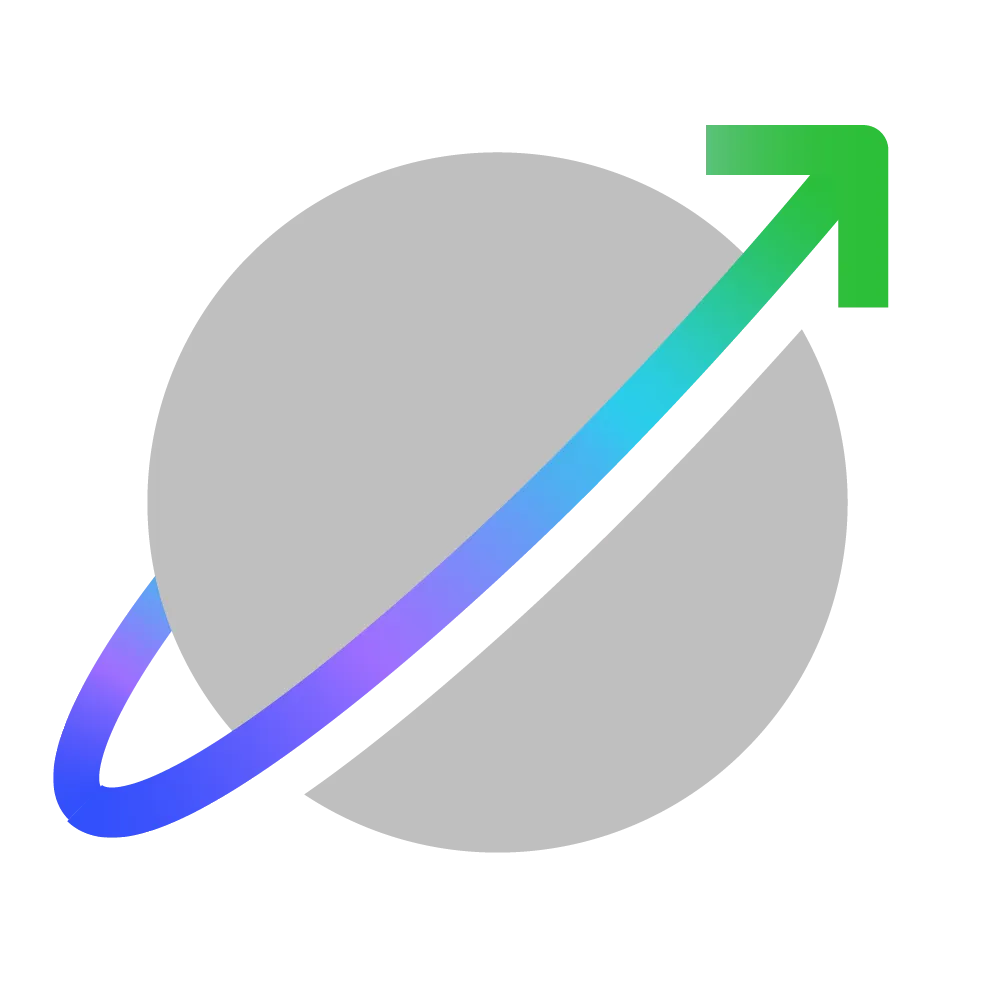 Gray circle with a gradient arrow wrapping around it, transitioning from blue to green, pointing upwards.