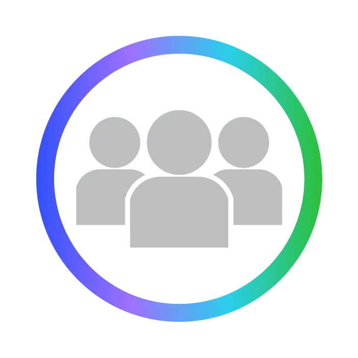 Gray icon of three people inside a circle with a gradient border from blue to green.
