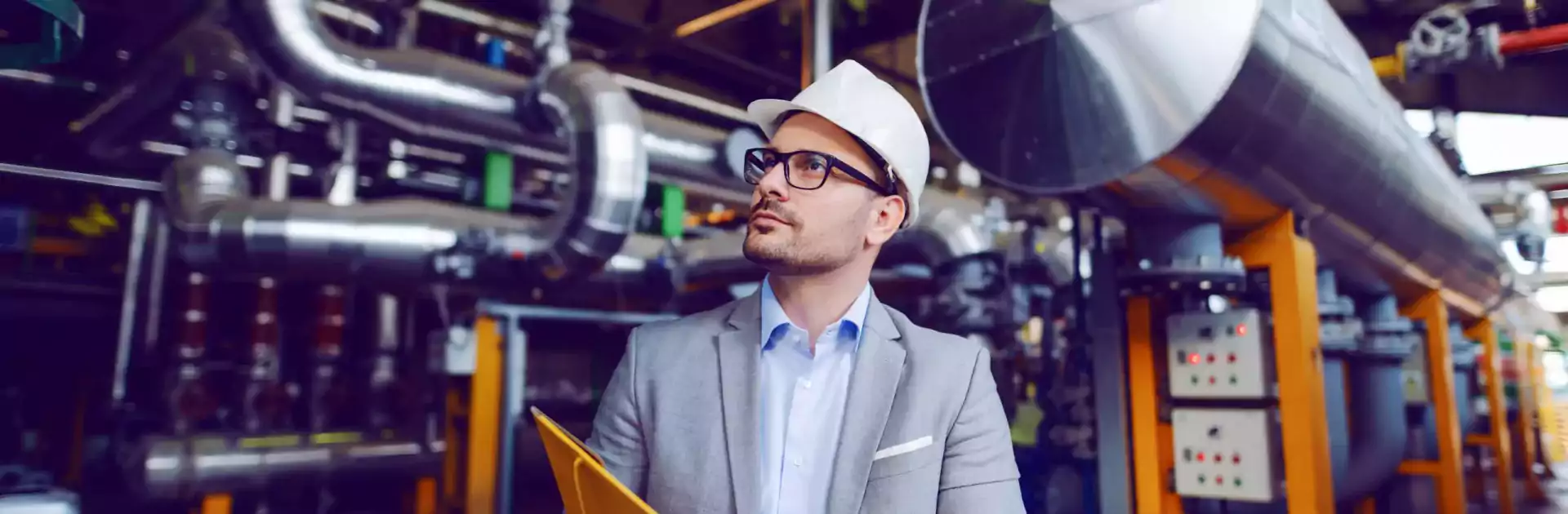 Man with portfolio and hardhat reviewing a plant