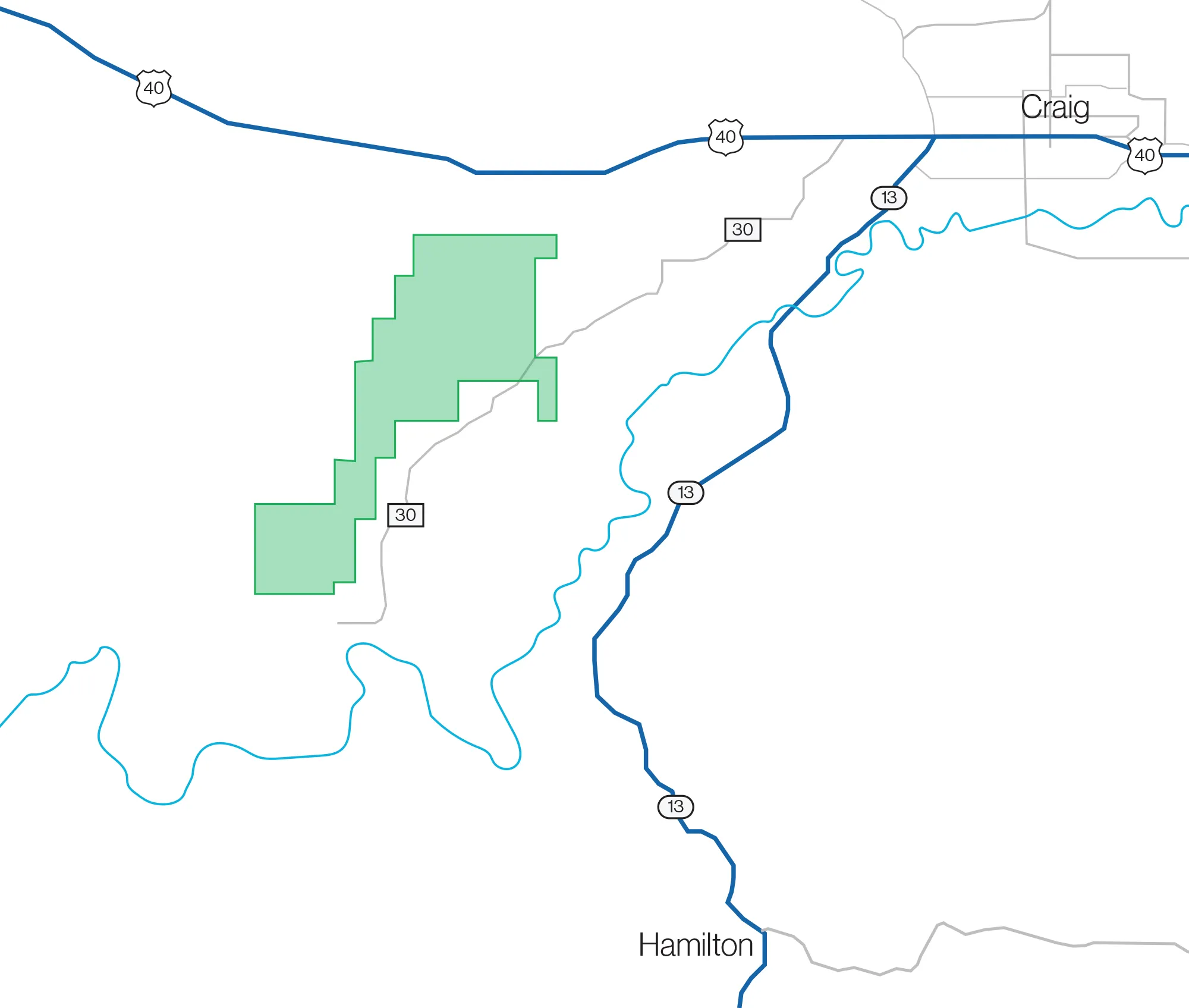 A detailed aerial map with a highlighted boundary in pink, showcasing the designated project site area for the Yampa renewable energy project