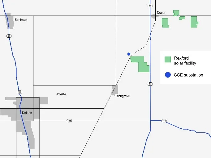 Map showing the location of the Rexford solar facility in green and the SCE substation in blue, near Richgrove and Ducor in central California. The map includes nearby towns like Delano, Earlimart, and Jovista, along with major roads and water features for orientation.