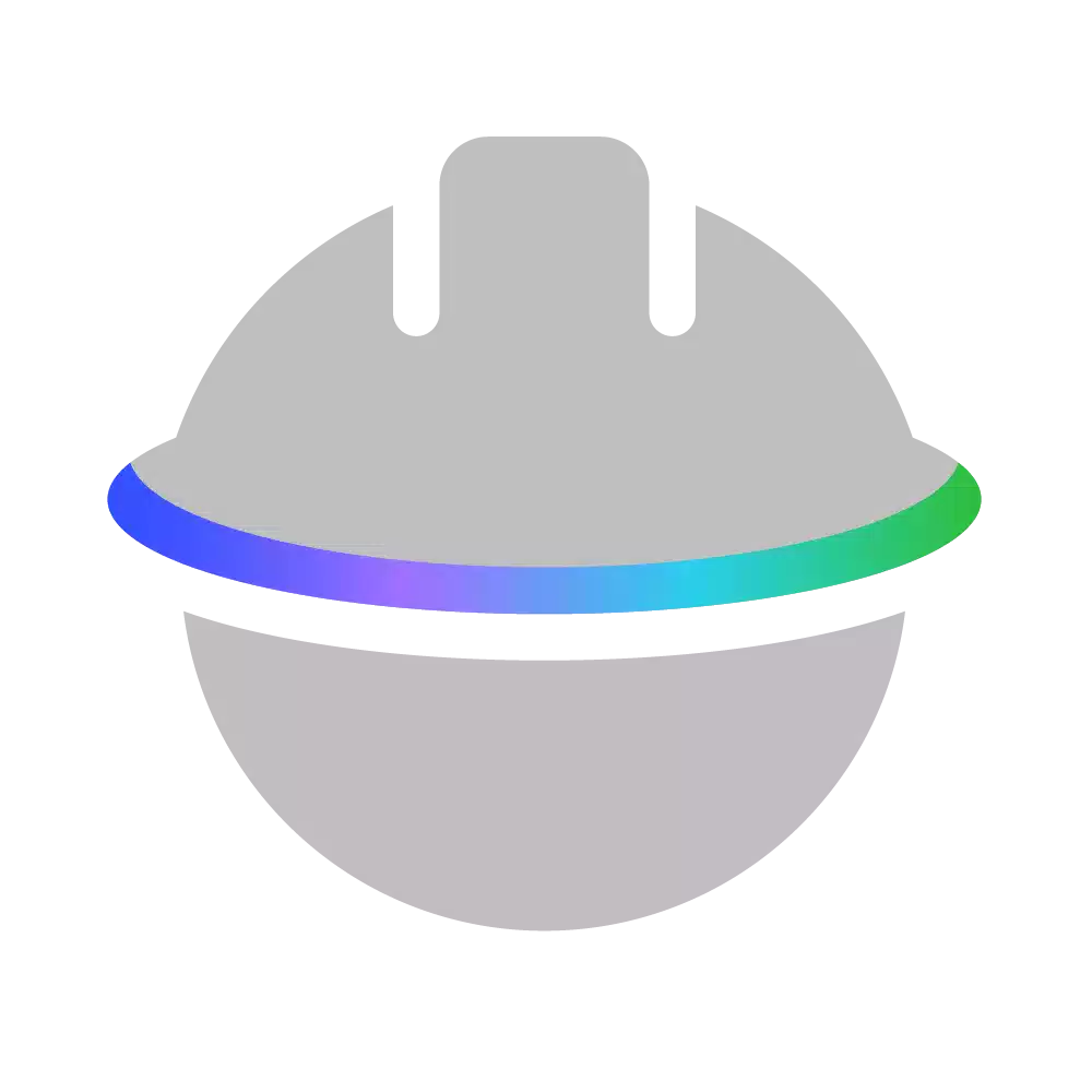 AES Icon for Safety First: grey hard hat image intersected with half-circle of AES colors
