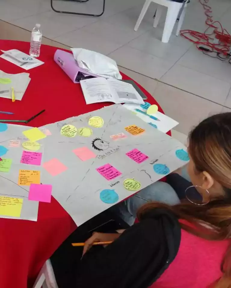 woman seated using sticky notes for brainstorming