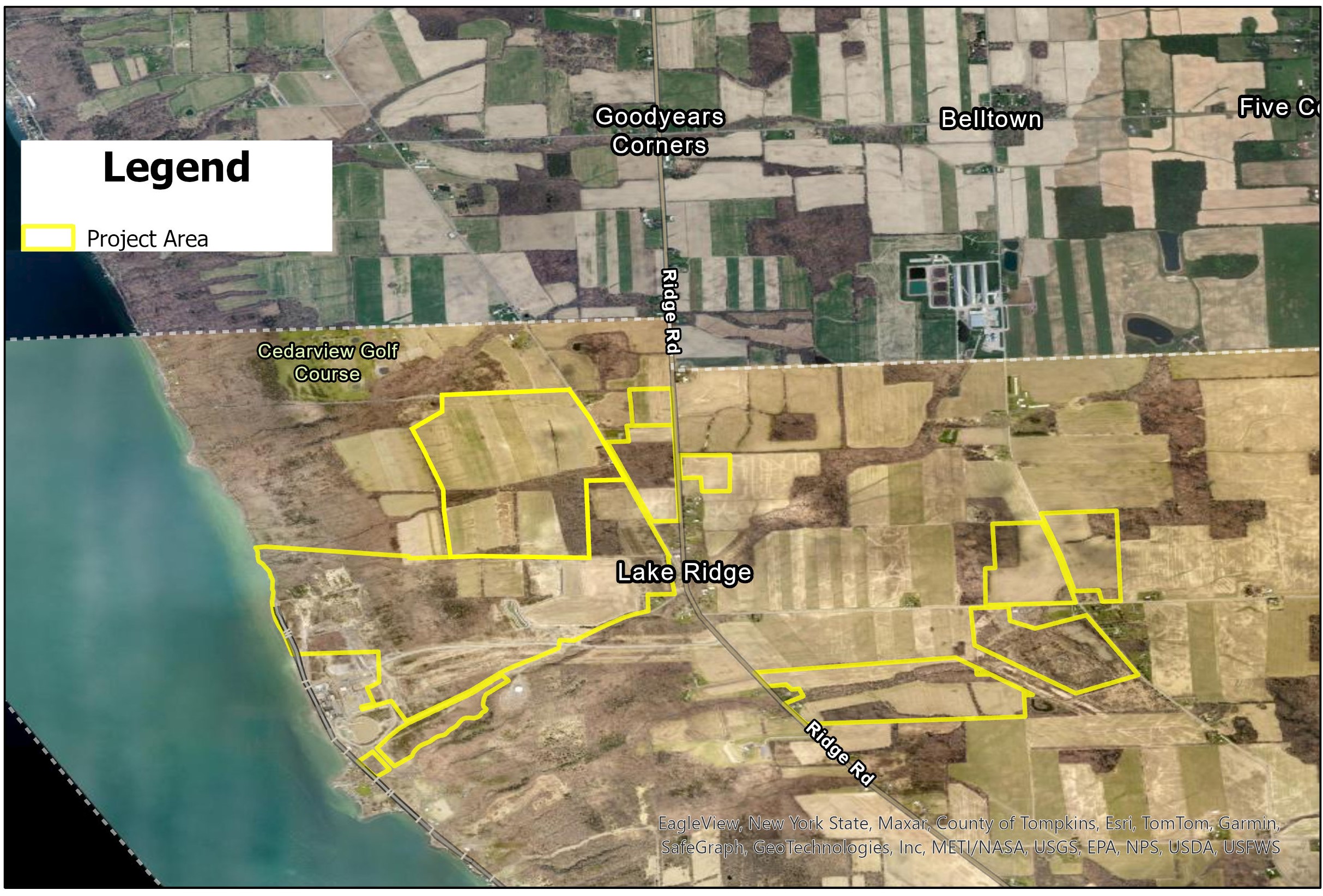 Aerial map showing a project area outlined in yellow near Lake Ridge, Cedarview Golf Course, and Ridge Road. Nearby areas include Goodyears Corners and Belltown.