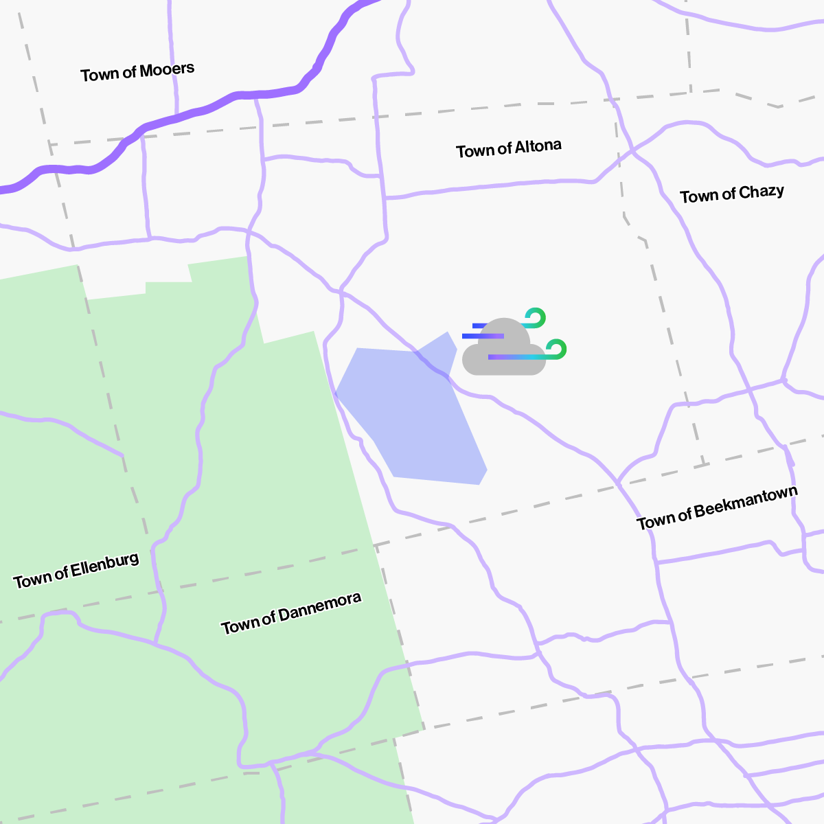 Map showing towns of Mooers, Altona, Chazy, Ellenburg, Beekmantown, and Dannemora with a wind icon near Altona.
