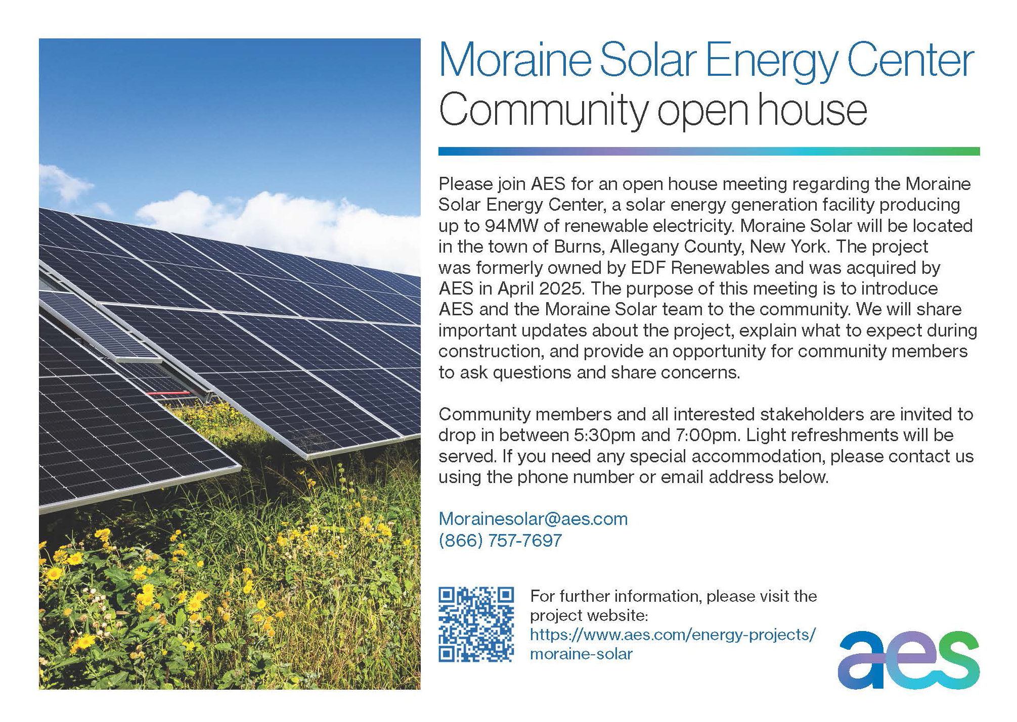 Invitation for AES Moraine Solar Energy Center open house with solar panels and event details.