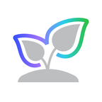 Illustration of a plant sprout with two leaves outlined in gradient colors, blue to green, on a gray base.