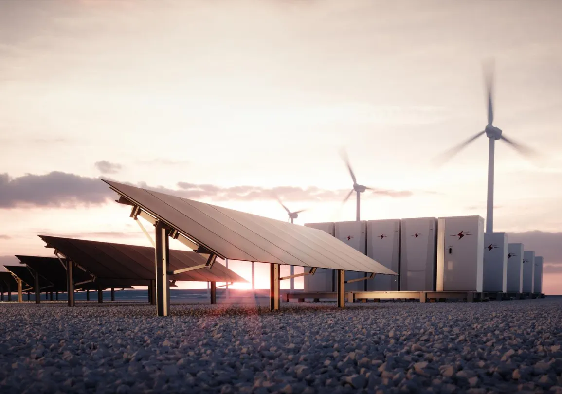 A renewable energy facility at sunset featuring solar panels in the foreground, wind turbines in the background, and energy storage units lined up.