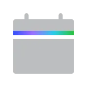 Gray calendar icon with a horizontal gradient stripe in blue, purple, and green.
