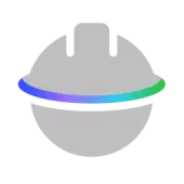 Gray spherical logo with a rainbow-colored horizontal band on a black background.