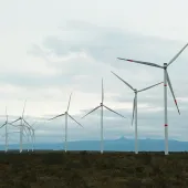 A row of wind turbines on a grassy landscape under a cloudy sky, with mountains visible in the background.