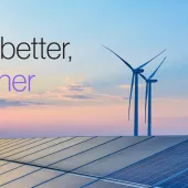 Image of a solar panel array with wind turbines in the background under a colorful sunset sky. The text 'Even better, together' is overlaid on the image.