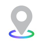 A gray location pin icon with a circular gradient ring in blue, purple, and green on a black background.