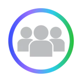 Icon showing three gray human figures inside a circular border with a gradient color from blue to green, representing a group or community.