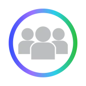 Gray icon of three people inside a circle with a gradient blue to green border.