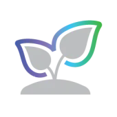 Simple illustration of a plant sprout with two leaves emerging from the soil, outlined in gradient blue and green colors.