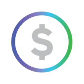 Gray dollar sign symbol inside a circular gradient border with blue, purple, and green colors on a black background.