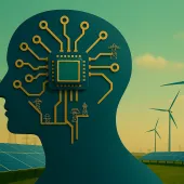 Illustration of a human head silhouette with a microchip and circuit lines symbolizing artificial intelligence, overlaid on a background of solar panels, wind turbines, and power lines representing renewable energy and smart technology.