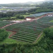 Aerial view of a large solar farm with rows of solar panels on a green landscape surrounded by trees and hills.