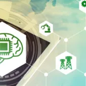 A digital illustration showing a hand interacting with a tablet displaying a brain with a microchip. Surrounding icons represent technology and renewable energy, including wind turbines and connectivity symbols.