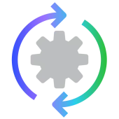 Gray gear icon surrounded by two curved arrows forming a circle, symbolizing process or update.