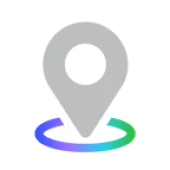 Gray map pin icon with a rainbow-colored ring at the base.