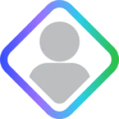 Icon of a person silhouette inside a diamond shape with a gradient border.