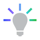 Gray light bulb icon with colorful rays in blue, purple, and green emanating from it.
