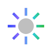 Abstract sun icon with a gray circle center and colorful rays in blue, purple, and green on a white background.