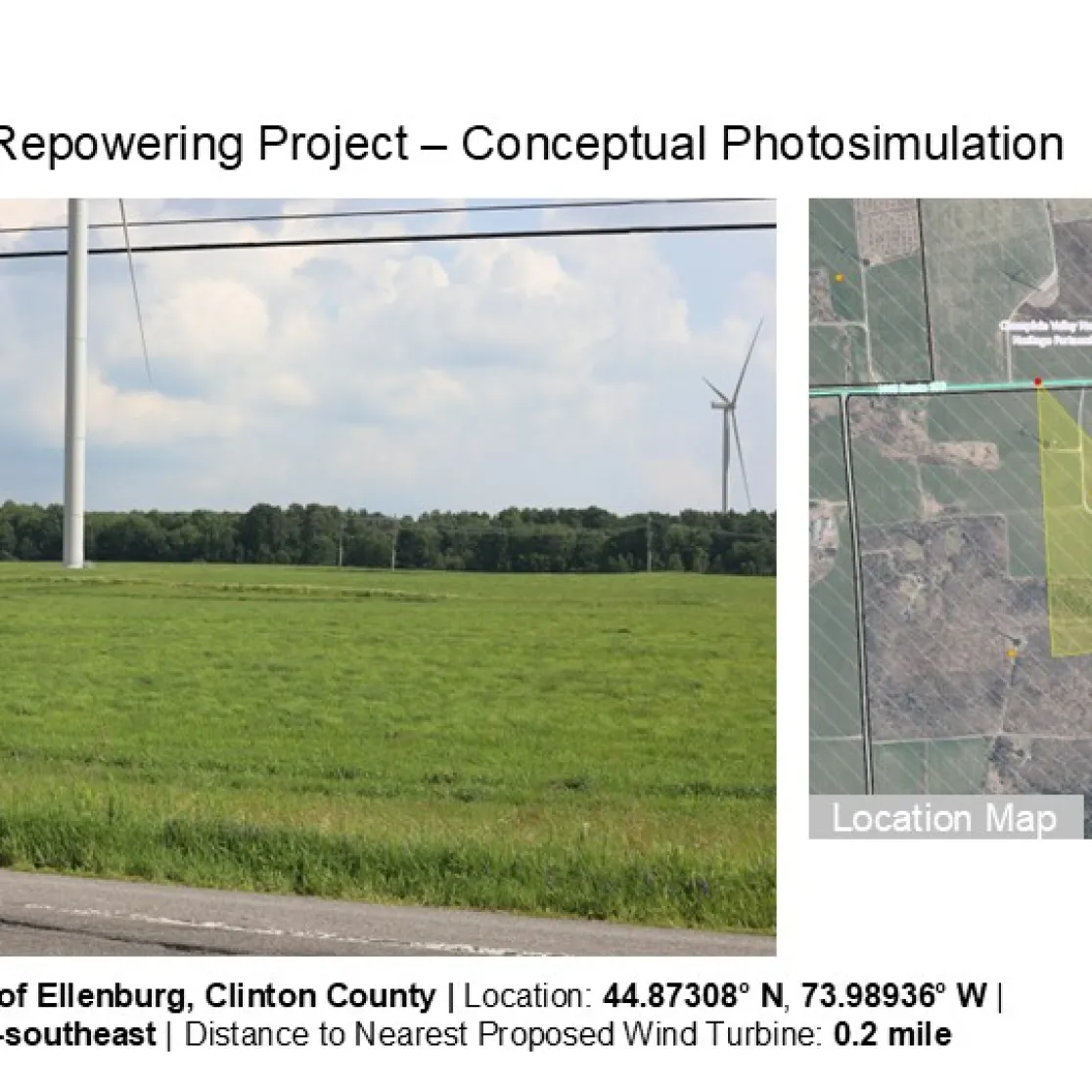 Image titled 'Ellenburg Wind Repowering Project – Conceptual Photosimulation' shows a landscape with wind turbines in a grassy field under a cloudy sky. An inset map indicates the location in Ellenburg, Clinton County, with coordinates 44.87308° N, 73.98936° W. The view is south-southeast, with the nearest proposed wind turbine 0.2 miles away.