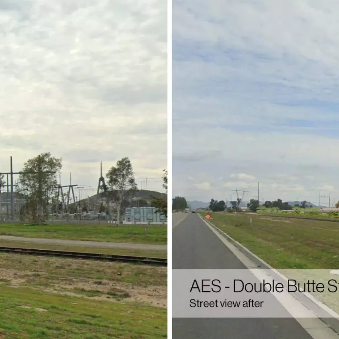 Side-by-side images showing a landscape before and after the installation of AES - Double Butte Storage. The left image shows an open field with sparse vegetation and electrical infrastructure. The right image shows the same area with added structures, trees, and landscaping, labeled 'AES - Double Butte Storage Street view after.'