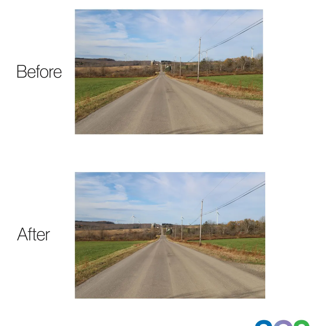 Two images of a rural road with fields on both sides. The top image labeled 'Before' shows the road with distant wind turbines on the horizon. The bottom image labeled 'After' shows the same road and scenery with clearer visibility of the wind turbines. The AES logo is in the bottom right corner.