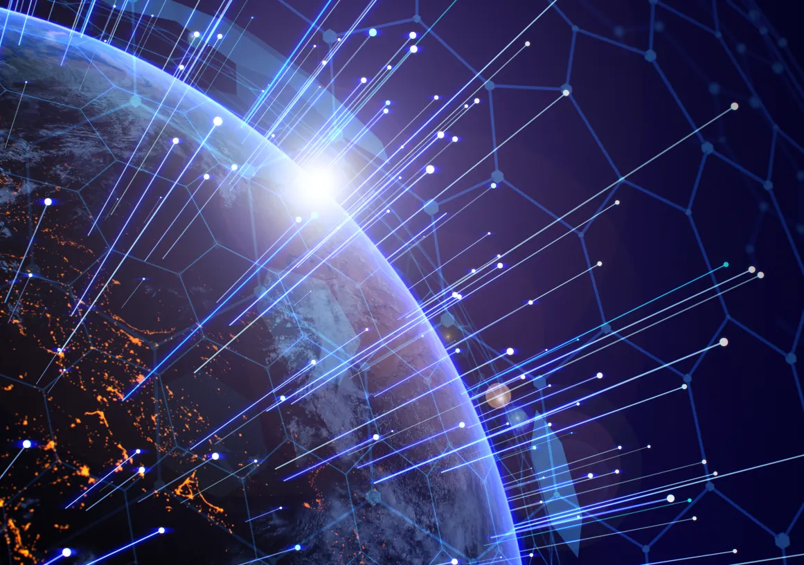 A view of Earth from space with a digital network overlay. Bright lines and nodes represent global connectivity, while city lights are visible on the planet's surface. The sun is rising on the horizon, casting a glow over the scene.