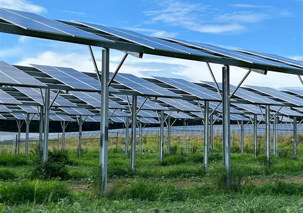A field of solar panels mounted on metal frames, set against a blue sky with scattered clouds. The panels are arranged in rows over a grassy area.