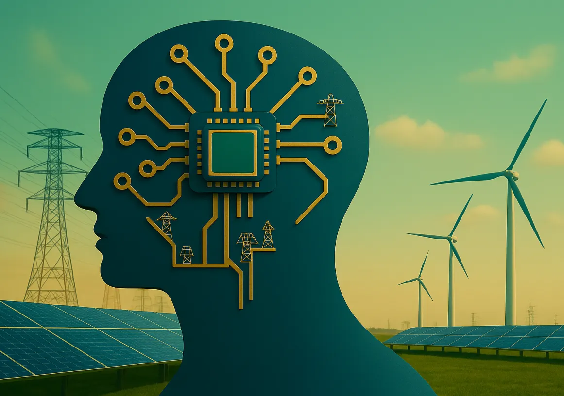 Illustration of a human head silhouette with a microchip and circuit lines symbolizing artificial intelligence, overlaid on a background of solar panels, wind turbines, and power lines representing renewable energy and smart technology.