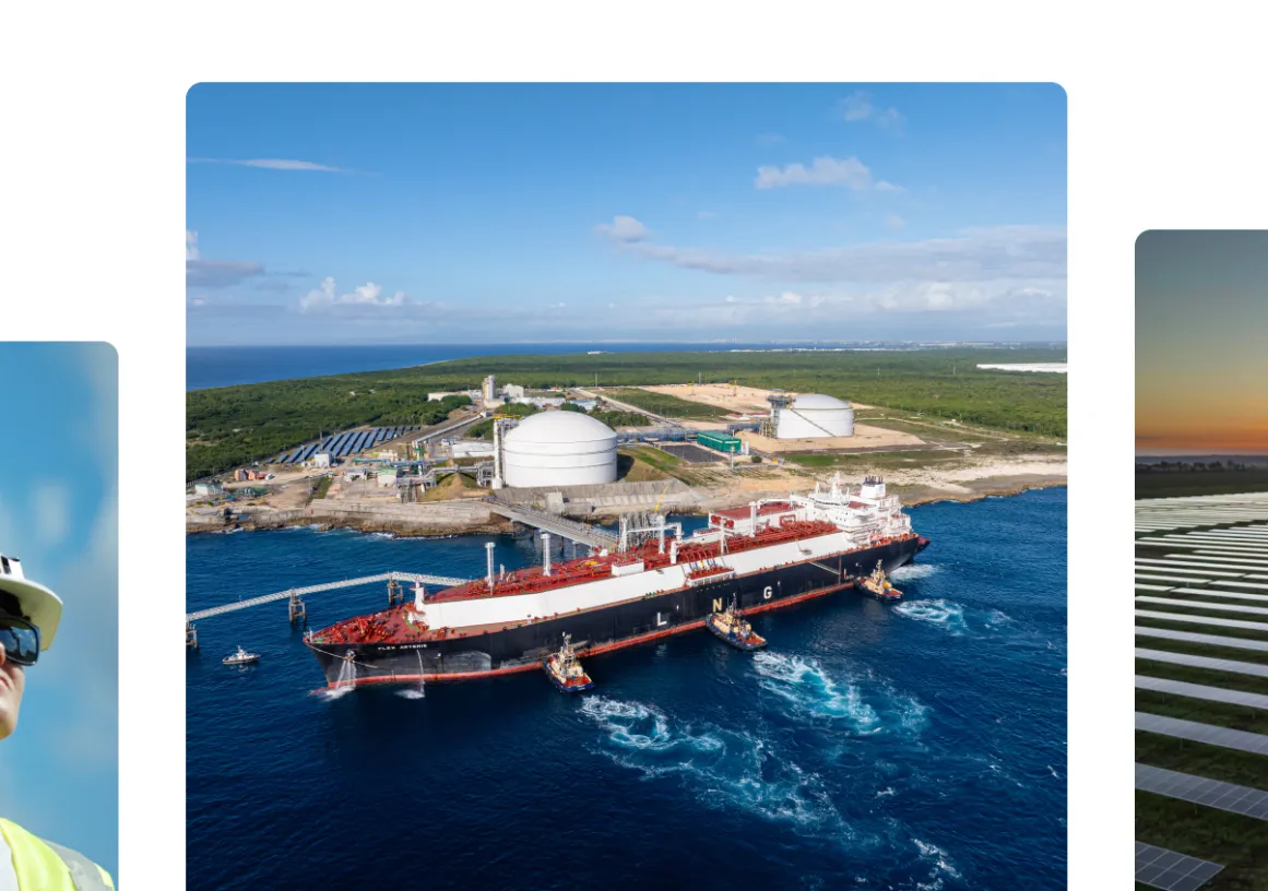 Collage showing two workers in safety gear, an aerial view of a large industrial port with a tanker ship and storage tanks, and a solar farm at sunset, representing industry, energy, and renewable resources.