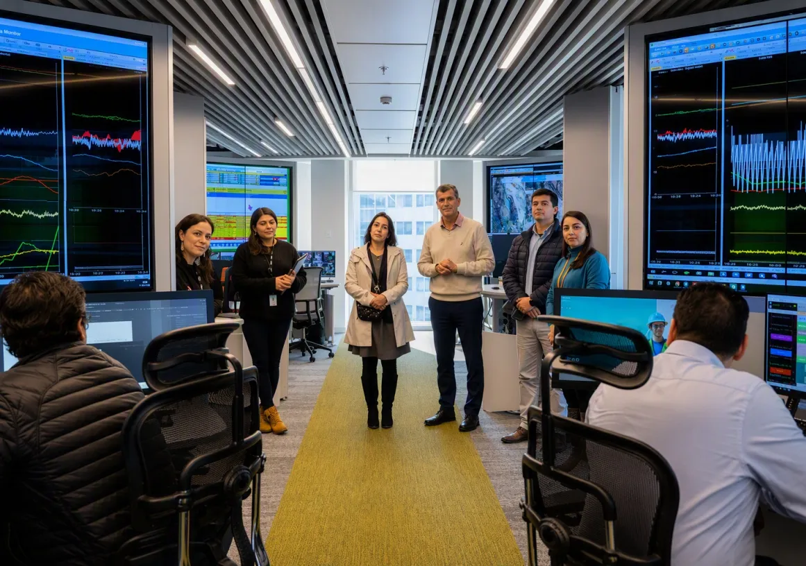 A group of professionals standing in a modern control center filled with monitors displaying data graphs.