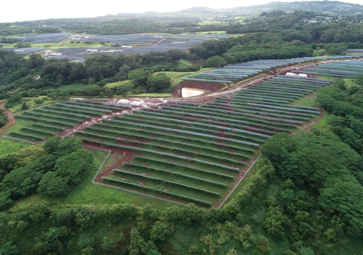 Aerial view of a large solar farm with rows of solar panels on a green landscape surrounded by trees and hills.