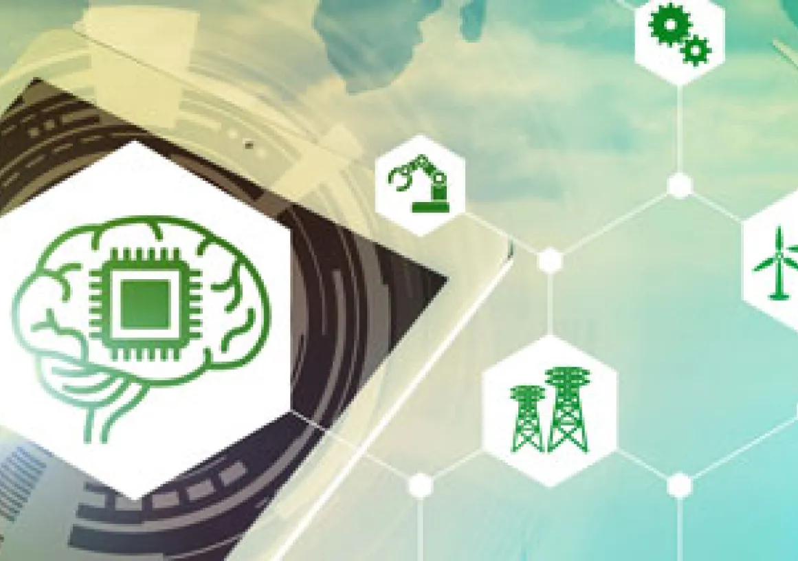 A digital illustration showing a hand interacting with a tablet displaying a brain with a microchip. Surrounding icons represent technology and renewable energy, including wind turbines and connectivity symbols.