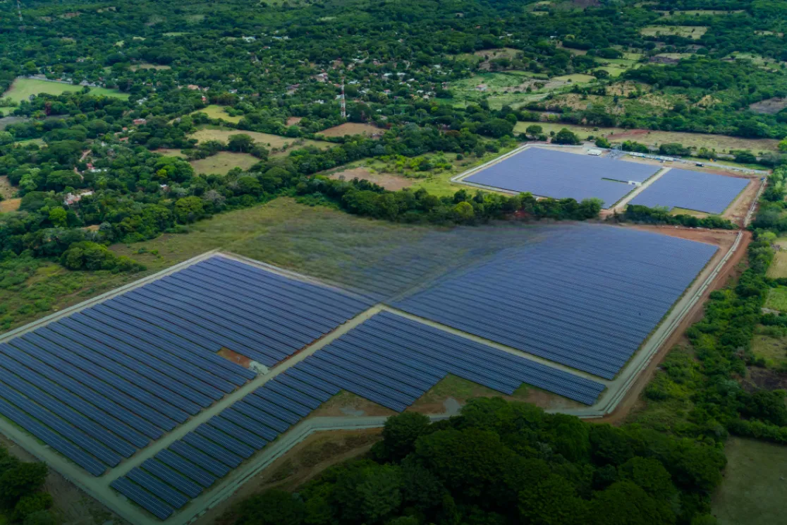 Aerial view of a large solar farm with rows of solar panels surrounded by green fields and trees.