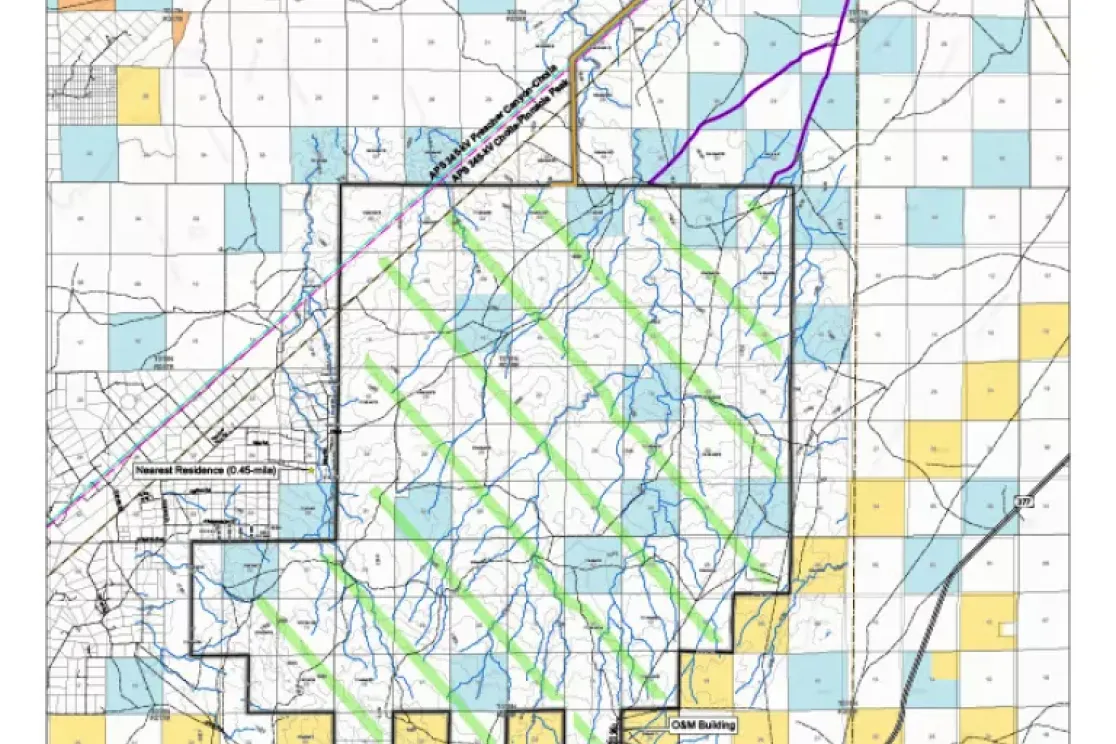 Map of West Camp Wind Farm in Navajo County, Arizona. The map shows a grid layout with various colored squares indicating different land uses. Key locations like the O&M Building, Laydown Yard, and Hatch Road are marked. The nearest residence is noted as 0.45 miles away. Blue lines represent water features, and green lines indicate wind farm boundaries.