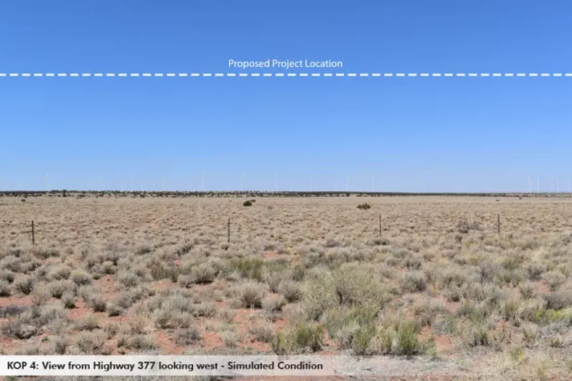 A flat, arid landscape with sparse vegetation under a clear blue sky. A dashed line labeled 'Proposed Project Location' runs horizontally across the sky. The text at the bottom reads 'KOP 4: View from Highway 377 looking west - Simulated Condition.'