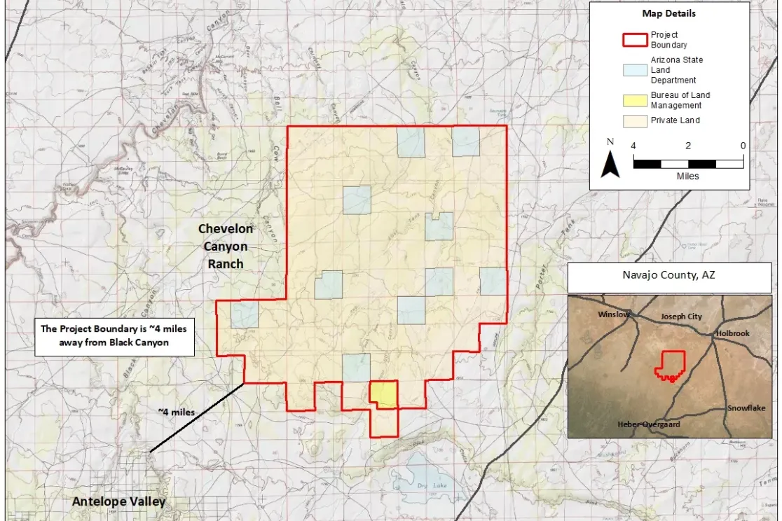 Map showing the Chevelon Canyon Ranch project area outlined in red, located in Navajo County, Arizona. The project boundary is approximately 4 miles from Black Canyon. The map includes land designations: Arizona State Land (blue), Bureau of Land Management (yellow), and Private Land. An inset shows the project's location relative to Winslow, Joseph City, Holbrook, and other towns.