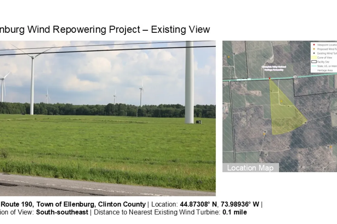 Image titled 'Ellenburg Wind Repowering Project – Existing View' showing a landscape with several wind turbines on a grassy field. A map on the right highlights the project location with a yellow shaded area. Text at the bottom provides location details: State Route 190, Town of Ellenburg, Clinton County, coordinates, direction of view as south-southeast, and distance to nearest wind turbine as 0.1 mile.