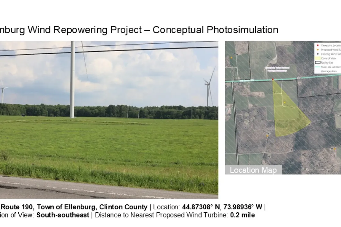 Image titled 'Ellenburg Wind Repowering Project – Conceptual Photosimulation' shows a landscape with wind turbines in a grassy field under a cloudy sky. An inset map indicates the location in Ellenburg, Clinton County, with coordinates 44.87308° N, 73.98936° W. The view is south-southeast, with the nearest proposed wind turbine 0.2 miles away.