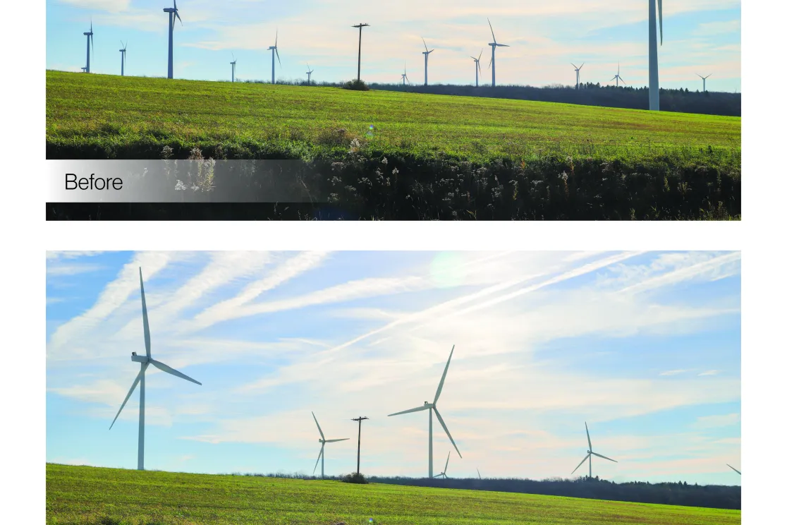 The image shows two panoramic views of a wind farm in a grassy field under a blue sky. The top image, labeled 'Before,' displays several wind turbines with a hazy sky. The bottom image, labeled 'After,' shows the same scene with clearer skies and more vibrant colors. The AES logo is in the bottom right corner.