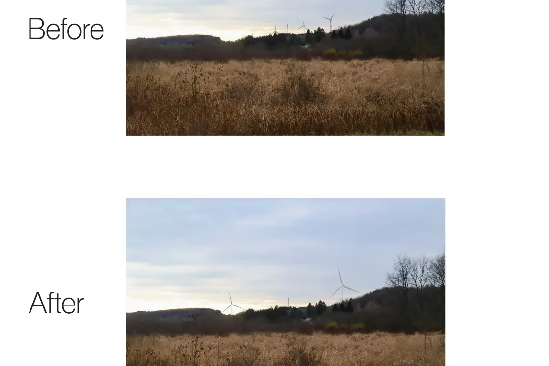 Two images of the same landscape with grass and trees. The top image labeled 'Before' shows the landscape without wind turbines. The bottom image labeled 'After' shows the same landscape with wind turbines in the distance. The AES logo is at the bottom right corner.