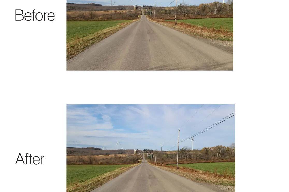 Two images of a rural road with fields on both sides. The top image labeled 'Before' shows the road with distant wind turbines on the horizon. The bottom image labeled 'After' shows the same road and scenery with clearer visibility of the wind turbines. The AES logo is in the bottom right corner.